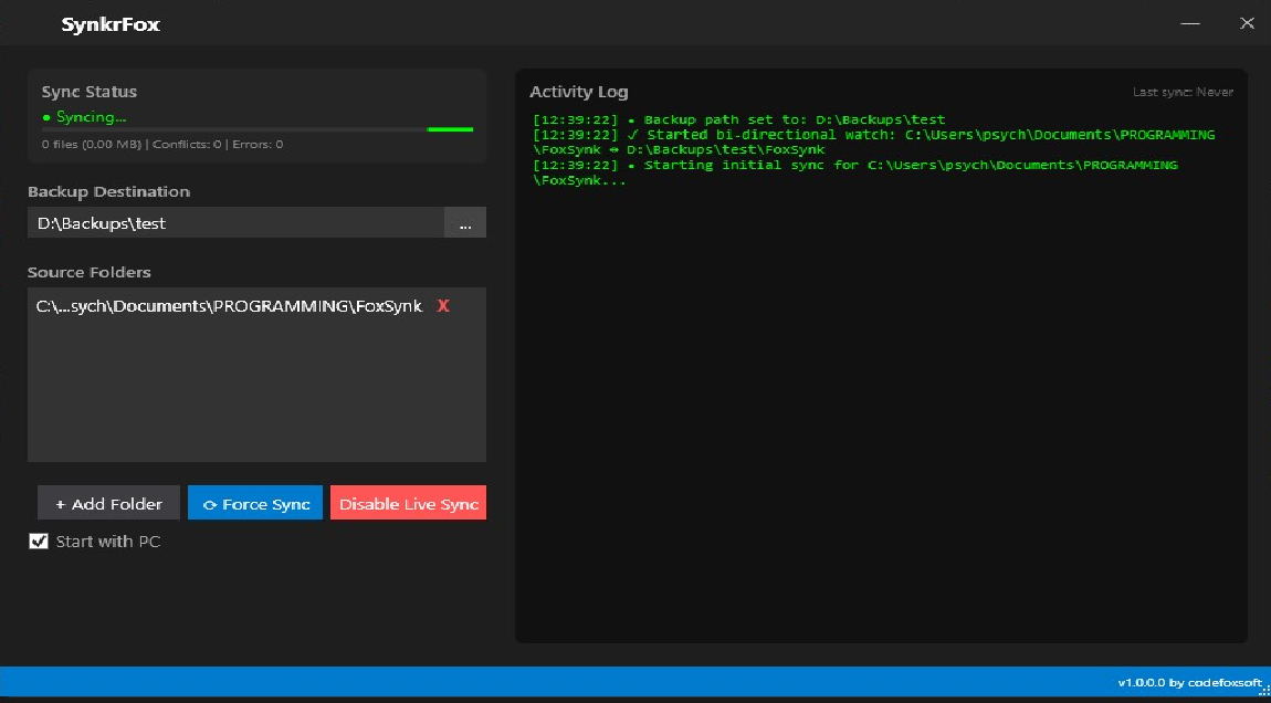 SynkrFox - Live filesystem backup application interface